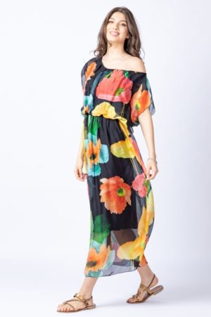 Rochie lunga, cu imprimeu floral multicolor pe fond bleumarin, din matase naturala 1