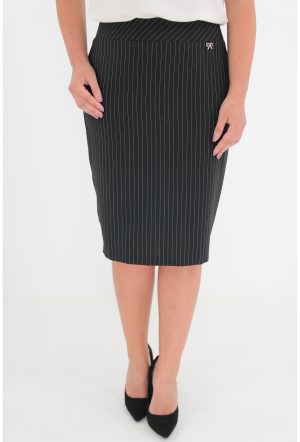 Fusta conica din stofa elastica neagra cu dungi fine albe 1