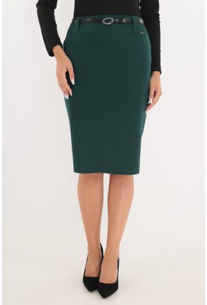 Fusta conica din stofa verde accesorizata in talie cu o curea 1