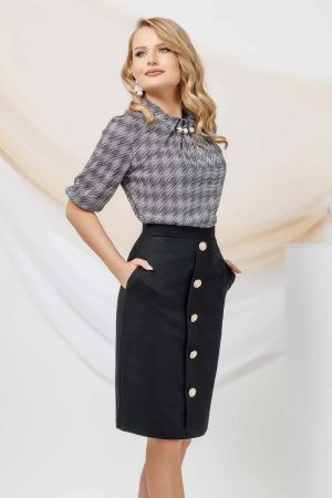 Fusta eleganta Pretty Girl neagra texturata din bumbac cu nasturi perla 1