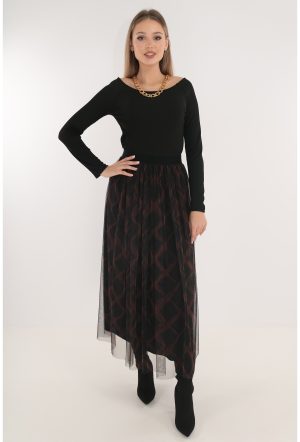 Fusta midi din tulle negru cu print discret maro 1