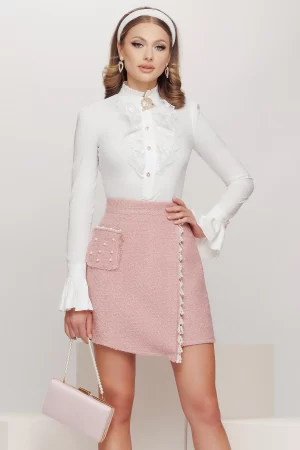 Fusta mini rose din tweed asimetrica cu aplicatii din perle 1