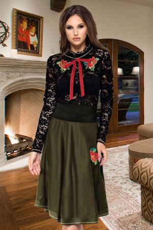 Fusta Venezia midi cu broderie florala traditionala 1