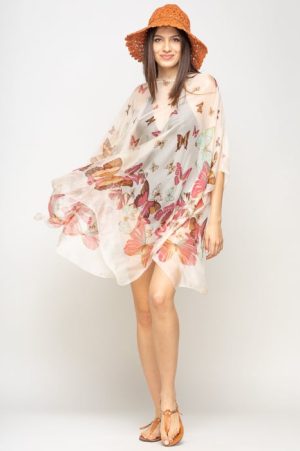 Rochie de plaja tip poncho cu fluturi pe fond bej, vascoza si matase 1