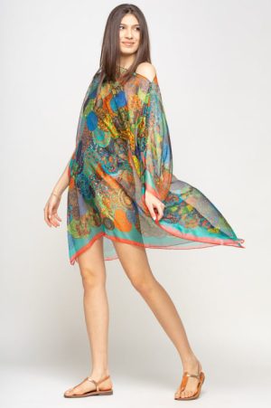 Rochie de plaja tip poncho cu mandale multicolore si margine corai cu turcoaz, matase si vascoza 1