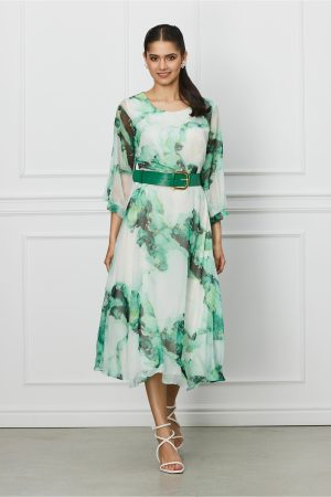 Rochia Ilona verde cu imprimeuri si curea in talie 1