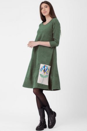 Rochie A line , din material catifelat, kaki, cu aplicatie color 1