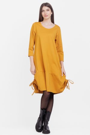 Rochie A line , din tricot, cu sireturi laterale, mustar 1