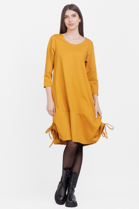 Rochie A line , din tricot, cu sireturi laterale, mustar 1