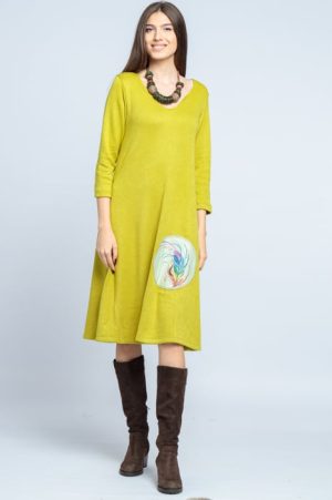 Rochie A line midi, din jerseu moale cu aplicatie pana, mustar 1