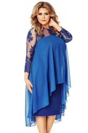 Rochie albastra de ocazie lejera cu voal asimetric si maneca din tul brodat 1