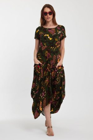 Rochie kaki, lalea, in colturi, cu imprimeu, din vascoza 1