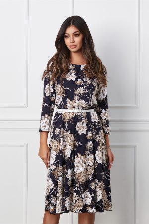 Rochie Alexa bleumarin cu imprimeu floral bej si curea in talie 1