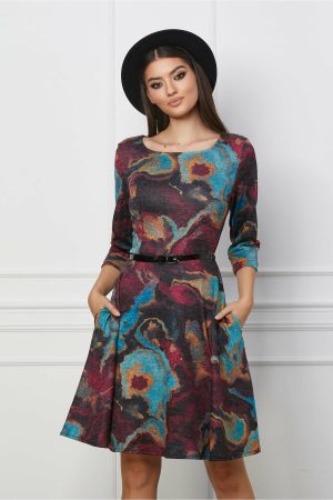 Rochie Alexa bordo cu imprimeu turcoaz si curea in talie 1