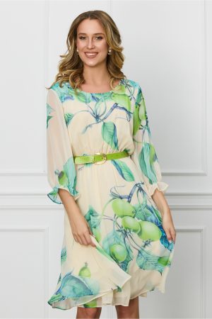 Rochie Alina bej cu imprimeuri verzi si curea in talie 1