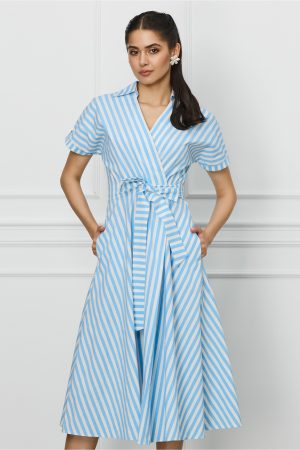 Rochie Alina cu dungi bleu si cordon in talie 1