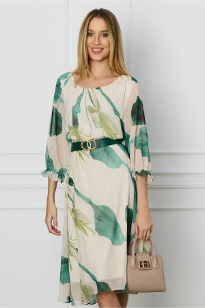 Rochie Ana ivory din voal cu imprimeu verde si curea in talie 1