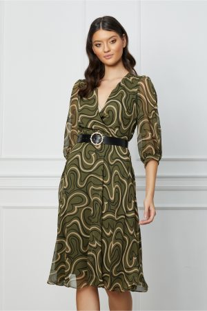 Rochie Ana kaki cu imprimeuri bej si curea in talie 1