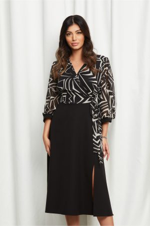 Rochie Anastasia neagra cu bus din voal cu imprimeu alb 1