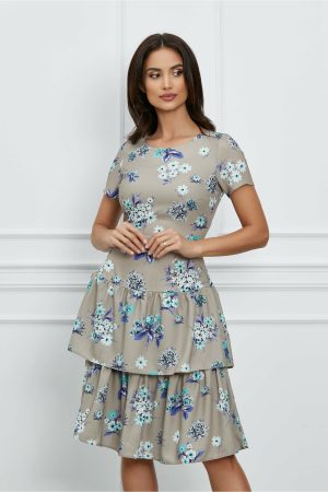 Rochie Andia kaki cu imprimeuri florale albastre si volane pe fusta 1