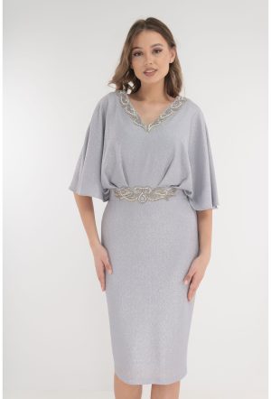 Rochie argintie de ocazie cu strasuri in talie si la decolteu 1