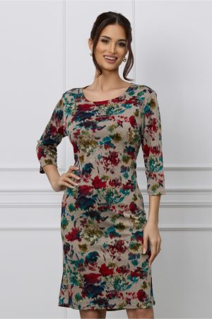 Rochie Aria bej cu imprimeuri rosii si turcoaz 1