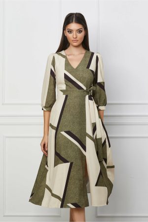 Rochie Aria kaki cu imprimeuri bej 1