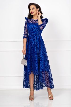 Rochie asimetrica de ocazie albastru royal Francesca cu model din catifea 1