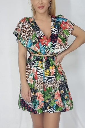 Rochie babydoll Minda cu cordon in talie multicolora 1