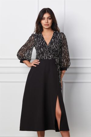 Rochie Bella neagra cu imprimeu la bust si crepeu pe fusta 1