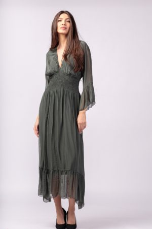 Rochie kaki din matase naturala cu banda elastica in talie si volane 1