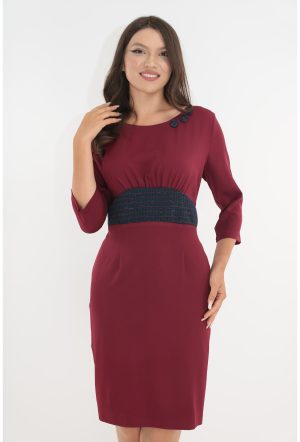 Rochie bordo cu insertii din brocart bleumarin in talie 1