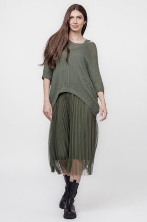 Rochie suprapusa cu puloveras si tulle plisat, kaki 1