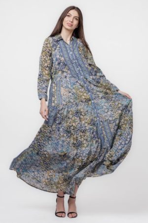 Rochie camasa, dublata, lunga, din batist de bumbac, cu imprimeu bleumarin-kaki 1