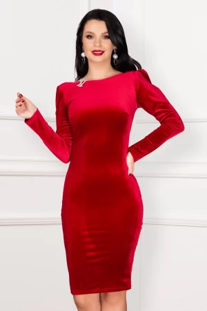 Rochie cambrata din catifea Tilda rosie cu brosa din strassuri 1