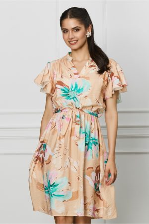 Rochie Carina bej cu imprimeuri florale roz si cordon in talie 1