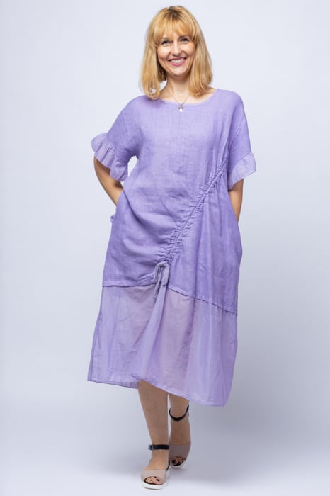 Rochie casual lila din in, cu siret oblic si volan la maneci 1