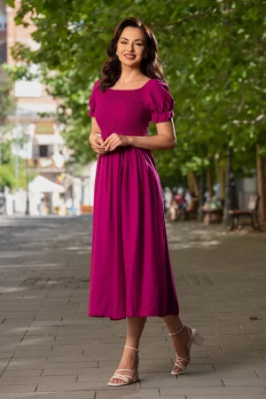 Rochie casual midi din vascoza bordo cu bust incretit 1