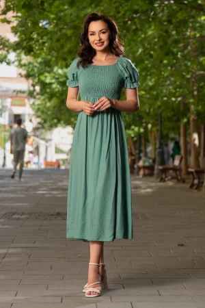 Rochie casual midi din vascoza mint cu bust incretit 1