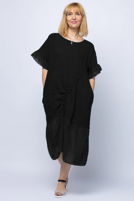 Rochie casual neagra din in, cu siret oblic si volan la maneci 1