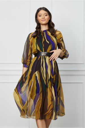 Rochie Cezara neagra cu imprimeu kaki-albastru si curea in talie 1