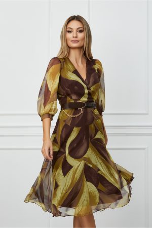 Rochie Christina maro cu imprimeuri olive si curea in talie 1