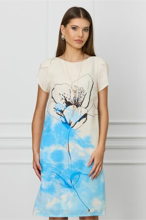 Rochie Claudia ivory cu imprimeu bleu si accesoriu 1