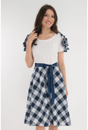 Rochie clos alba cu imprimeu in carouri bleumarin 1