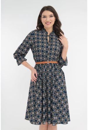 Rochie clos bleumarin cu o curea caramizie in talie 1