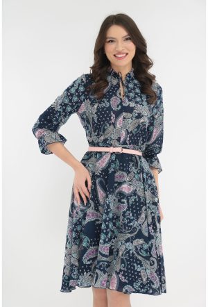 Rochie clos bleumarin cu o curea roz in talie 1