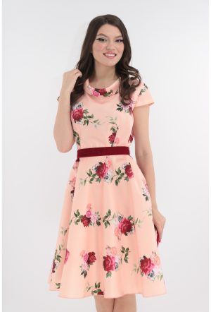 Rochie clos din tafta roz cu trandafiri fucsia 1
