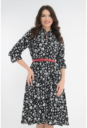 Rochie clos neagra cu animal print si cu o curea rosie in talie 1