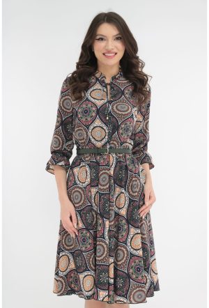 Rochie clos verde cu print abstract si cu o curea in talie 1
