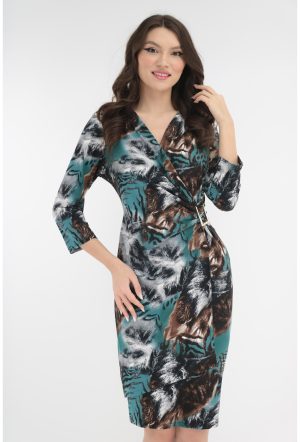 Rochie cocktail cu print abstract maro-turcoaz si accesoriu in talie 1